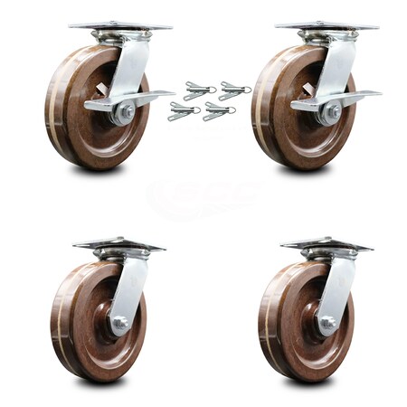 Service Caster 8 Inch High Temp Phenolic Caster Set with Roller Bearing 4 Swivel Lock 2 Brake SCC-35S820-PHRHT-SLB-BSL-2-BSL-2